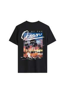 Damen Loose Fit T-Shirt mit Ozsonnenuntergang und Palmenprint, weich und atmungsaktiv, Casual Top, Boho Beach Stil Kurzarm, geeignet für Sommerurlaub, Strandausflug, Lagerfeuerparty und tropischen Urlaub Schwarz - Schwarz - Übersicht 3