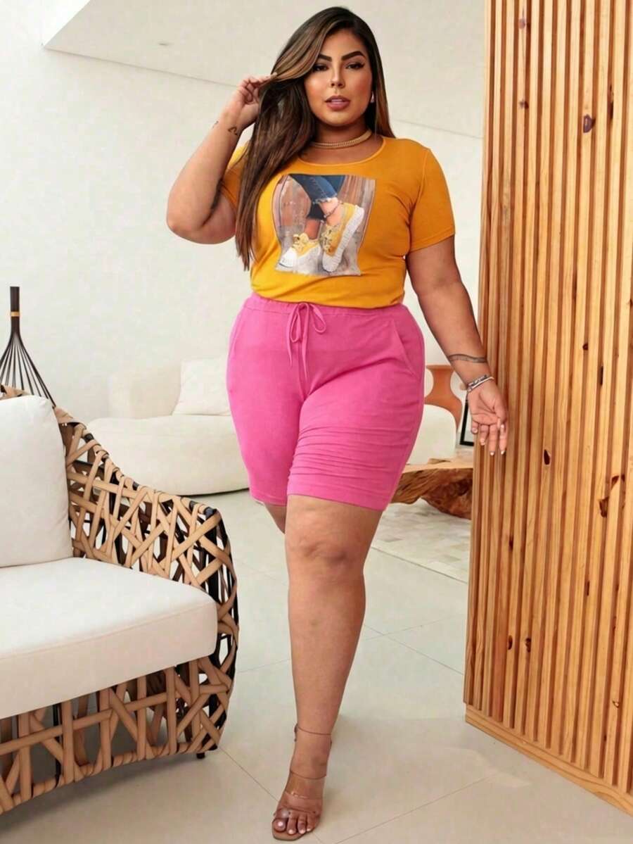 Plus Size Plain Knit Shorts, Large Sizes, Various Colors - Rusty Rose - View 1