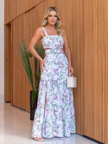 Elegant Women's Printed Maxi Skirt And Cropped Top Set With Straps, Casual Floral Party Style, Summer Style. - Rosa - Xem 8