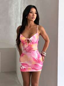 夏季吊带系带沙滩度假连衣裙，优雅性感露背短裙，粉色连衣裙，适合情人节度假、优雅婚礼宾客穿着，碎花连衣裙 - 粉色 - 查看 3