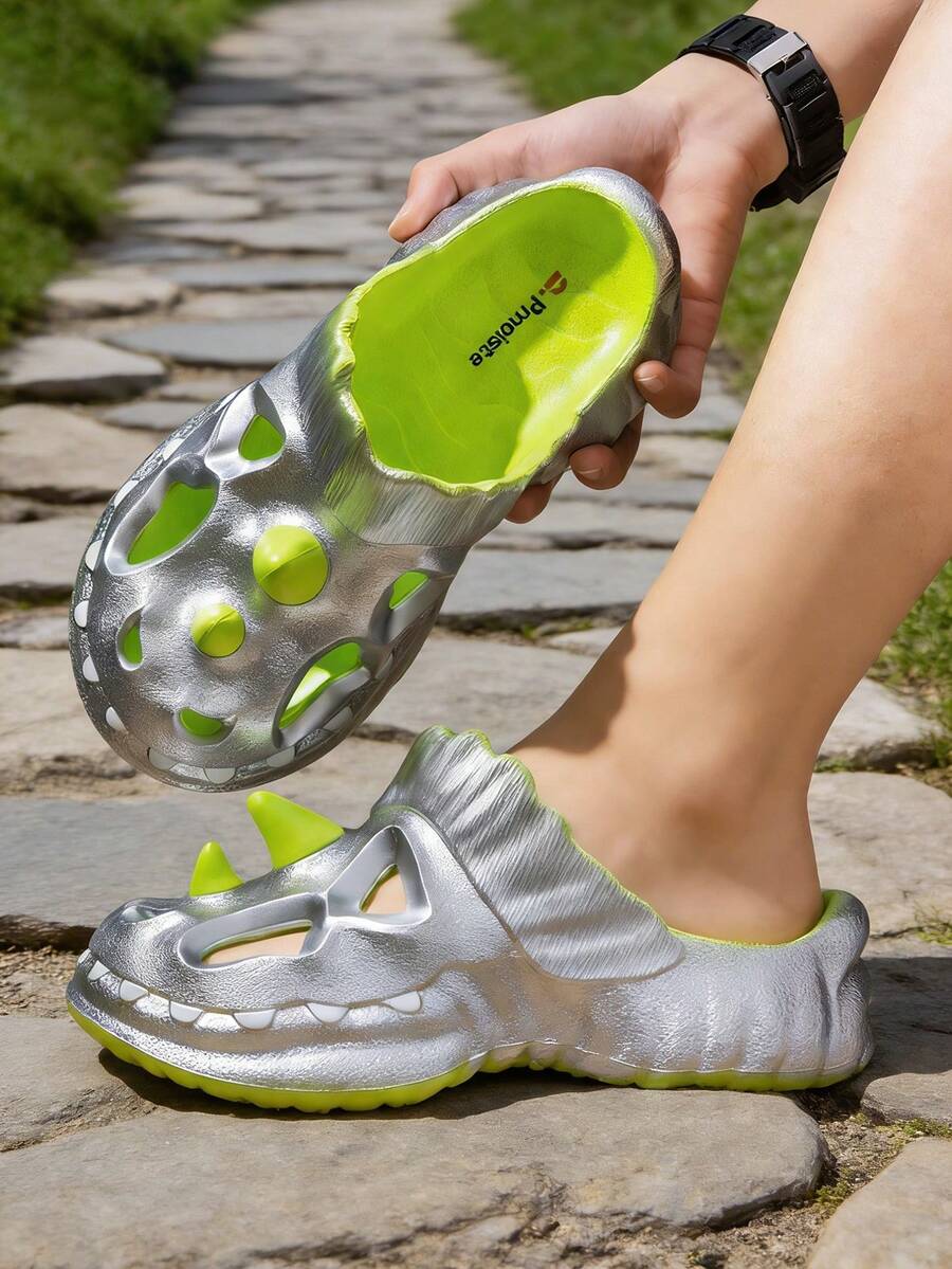 Dép xăng đan đi biển thời trang unisex hình khủng long rỗng dễ thương, chất liệu EVA mềm mại, màu bạc. - Bạc - Xem 1
