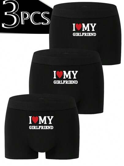 3pcs Men's Comfortable Stretchy Breathable Letter Printed "I LOVE MY GIRLFRIEND" Briefs, Suitable For Gifts, Valentine's Day, Anniversary Wear