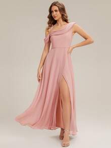 EVERPRETTY Elegant Chiffon Asymmetric Neckline Bridesmaid Dress, Suitable For Parties Wedding Pink Spring - Pink - View 3