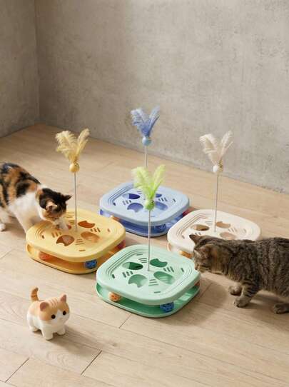 PETSIN 1 pieza Juguete para gato con tambor largo y 3 bolas con cascabeles, pelota divertida para gatos, juguete rascador de puzzle, juguete interactivo para gatos, juguete para gatitos, juguete de pelota para gatos de interior, adecuado para entornos interiores aburridos