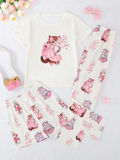 3pcs/Set Girls & Teens Casual Cute Cat Print Round Neck Short Sleeve Sweatshirt, Shorts & Pants Sleepwear Set, Flame Retardant, All Season