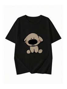 女士圆领短袖T恤，夏季新款卡通狗狗图案印花，时尚休闲百搭宽松上衣 - 黑色 - 查看 3