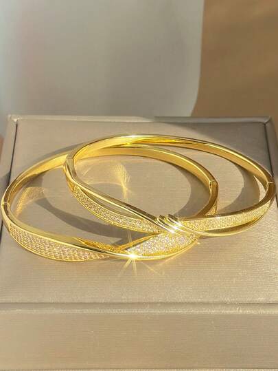 Ensemble de bijoux en acier inoxydable plaqué or 18 carats pour femmes, comprenant un bracelet et un jonc, pierres en zircone, empilables, cadeaux pour maman, Noël, Thanksgiving, Halloween, mariage, anniversaire, Saint-Valentin, style bohème, convient pour le port quotidien et les fêtes