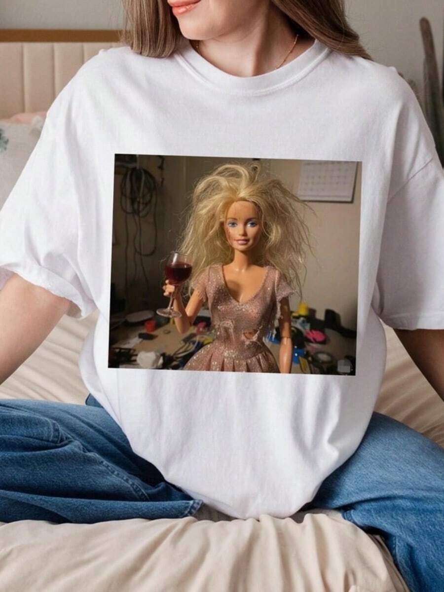 Funny Doll Meme T-Shirt, Stressed Out,  Cotton Tee - 白色 - 查看 1