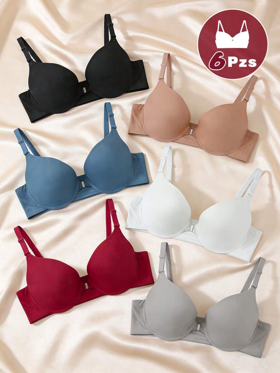 6Pzs Sujetadores B cup Push-Up Sin Costuras con Encaje, Detalles de Lunares - Sujetadores Cómodos y Deportivos para Tallas Grandes y Pequeñas - 3301-6 piezas - Ver 1