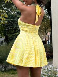 Soulscape Petite Women's Elegant Spaghetti Strap Mini Dress, Deep V-Neck Design With Adjustable Tie Back, Fitted A-Line Silhouette, Suitable For Summer Garden Parties, Outdoor Photography, Vacation, And Daily Sightseeing - Yellow - View 6