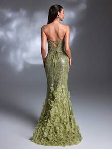 Váy dạ hội đuôi cá sang trọng, thanh lịch, xẻ tà cao, chất liệu vải tuyn thêu hoa 3D màu xanh ô liu, buộc dây một bên vai - Màu xanh Ô liu - Xem 2