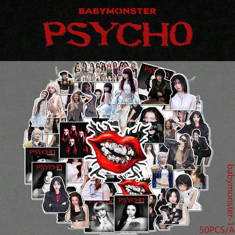 50pcs K-Pop Monster Baby "PSYCHO" Special Edition Stickers, High-Definition Photo Patterns, Including: AHYEON And RUKA Individual Selfie Stickers, Celebrity Peripheral Stickers, Fan Collectibles, Suitable For Water Bottles, Phone Cases, Tablets, And Celebrity Notebooks - Multicolor - View 1