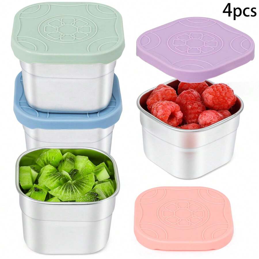 4 Packs 4.7oz Stainless Steel Snack Containers With Silicone Lids - Reusable Small Salad Dressing Containers For Snacks & Foods, Condiments, Leak-Proof, Easy Open (140ML) - Multicolor - View 1