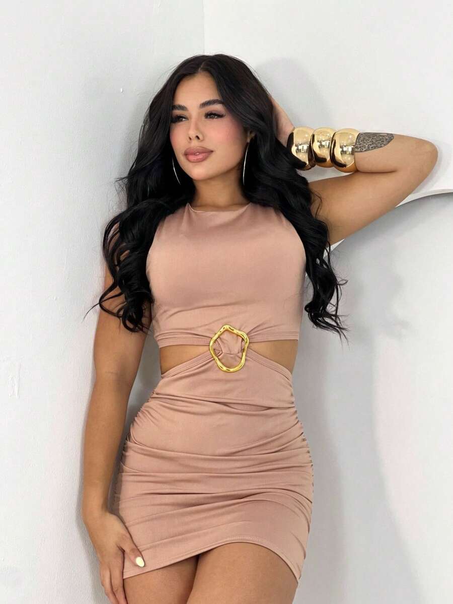 Women's Short Dress With Buckle Detail - Summer Launch - Nude - View 1