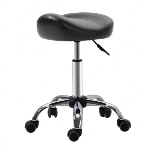 Adjustable Height Swivel Rolling Stool, In Black Faux Leather, 48 X 48 X 54-69 Cm, For Hair Salon And Massage. - Black - View 1