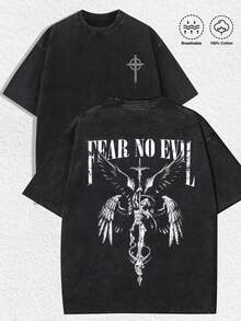 1 PCS Retro Distressed Washed Black Aesthetics Front White Gothic Cross Icon (With Sword & Thorn Accents) + Back White Distressed Bold "FEAR NO EVIL" Typography + Dark Gothic Four-Winged Angel Illustration (Holding Cross Sword, Subduing Demon Skull & Serpent) 100% Cotton Breathable Unisex Oversized Short Sleeve Tee, Christmas Church Services, Hunting Day Casual Outings, Street Style Hangouts, Faith Fellowship & Worship Meetups, Religious & Urban Fashion Events, Daily Urban Wear, Friend Leisure Outings, Excellent Gift For Friends & Family - màu đen - Xem 1