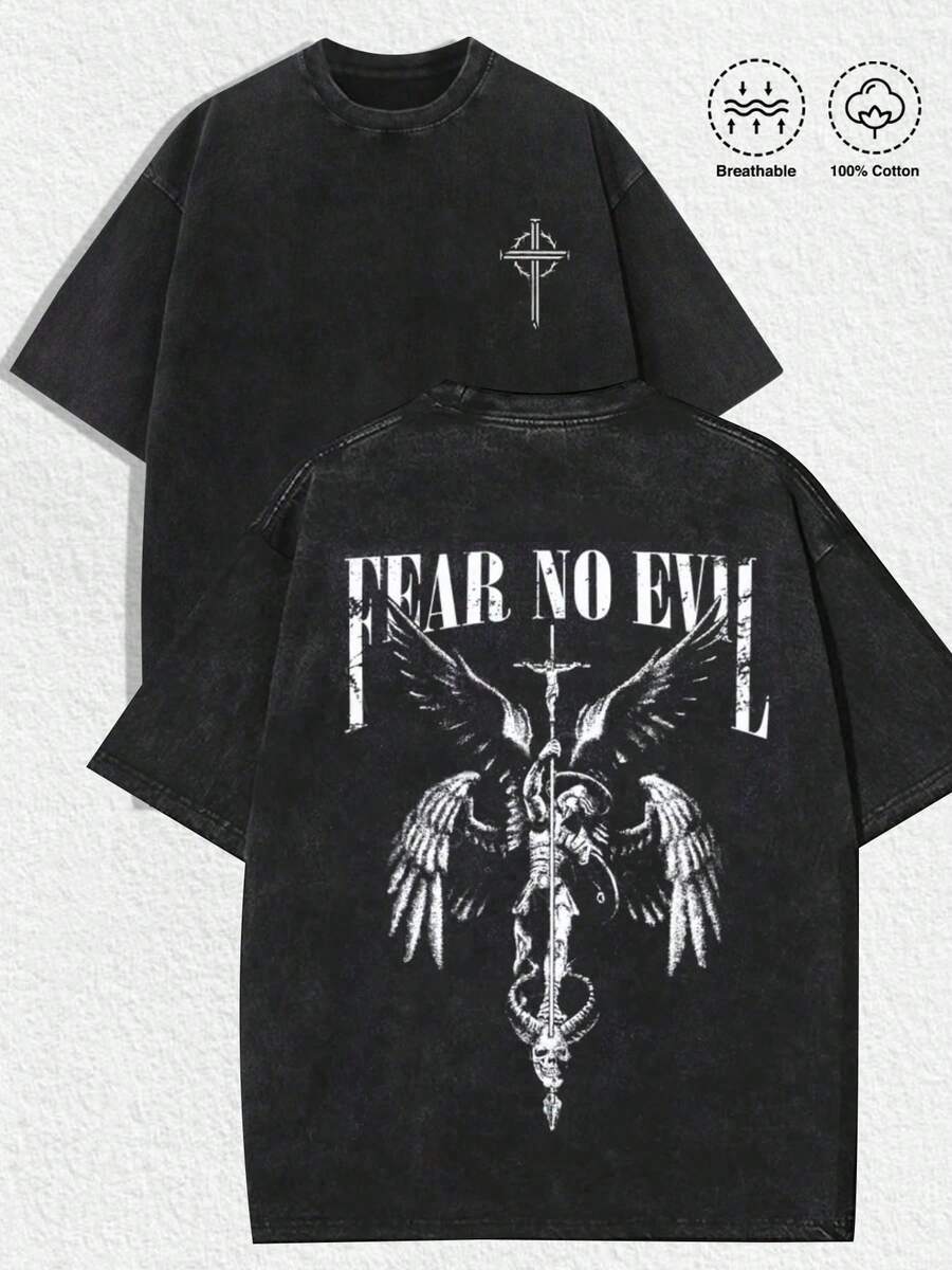 1 PCS Retro Distressed Washed Black Aesthetics Front White Gothic Cross Icon (With Sword & Thorn Accents) + Back White Distressed Bold "FEAR NO EVIL" Typography + Dark Gothic Four-Winged Angel Illustration (Holding Cross Sword, Subduing Demon Skull & Serpent) 100% Cotton Breathable Unisex Oversized Short Sleeve Tee, Christmas Church Services, Hunting Day Casual Outings, Street Style Hangouts, Faith Fellowship & Worship Meetups, Religious & Urban Fashion Events, Daily Urban Wear, Friend Leisure Outings, Excellent Gift For Friends & Family - màu đen - Xem 1