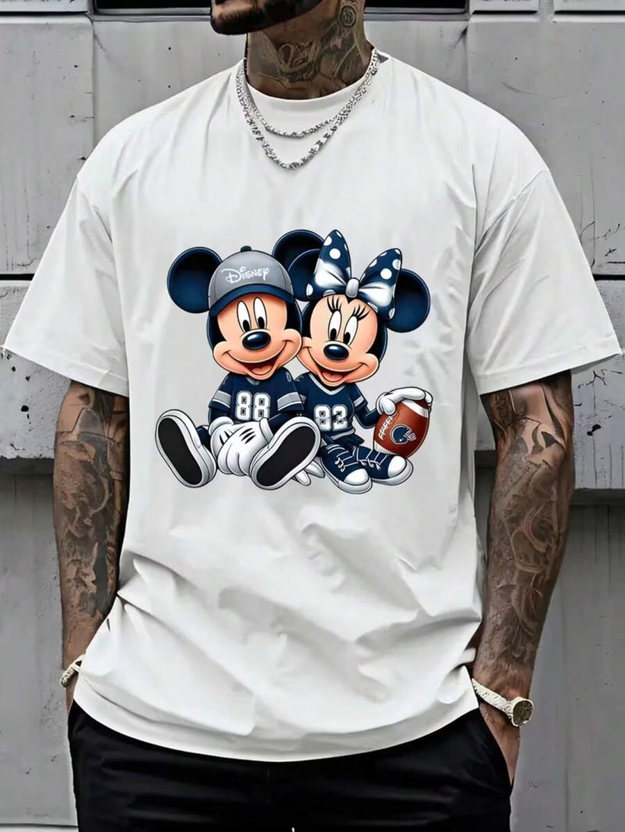 1 Piece, [Authorized] Disney Mickey Minnie Series T-Shirts Summer Neutral Short-Sleeved Round Neck, Birthday Gift Regular Edition Daily Commuter Men's Basic Shirts Are Suitable For Birthday Parties. - 白色 - 查看 1