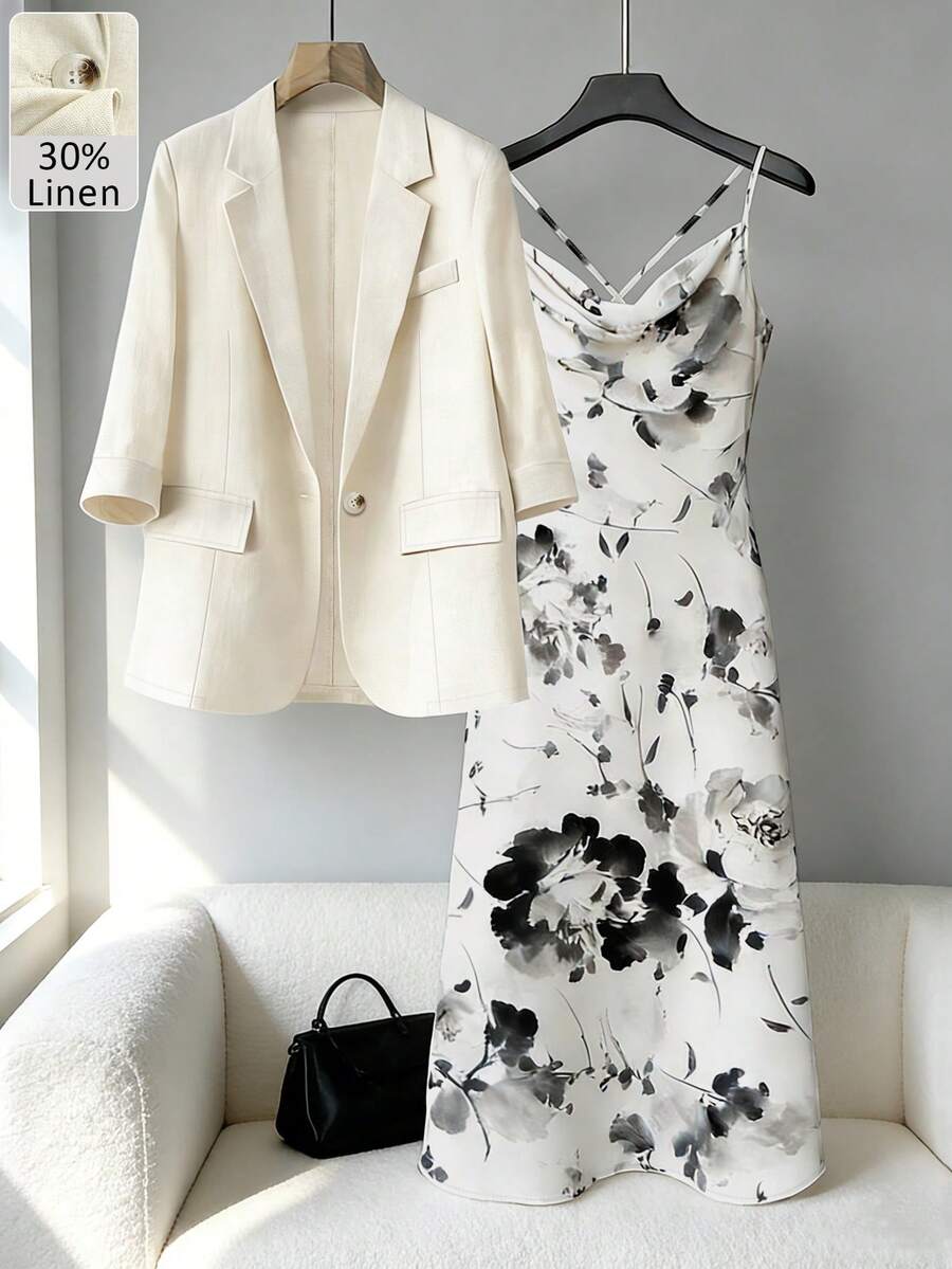 女士通勤休闲亚麻混纺单排扣七分袖西装外套和印花无袖中长连衣裙套装 - 杏色 - 查看 1