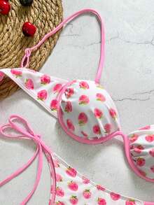Bikinx Women's Casual Backless Strawberry Print Bikini Set With Tie Back And Contrast Binding Spaghetti Strap High Stretch Cute Swimuit - Pink - View 3