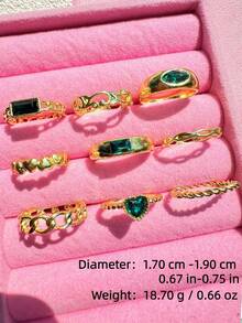 Juego de 9 piezas de anillos de lujo versátiles y elegantes con incrustaciones de diamantes y esmeraldas en color dorado, adecuado como regalo para la novia, boda o compromiso - Multicolor - Ver 9