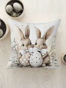 1/2/4pcs Easter Bunny & Egg Pillow Cover - Vintage Watercolor Spring Case With Bow Tie Design, Pastel Colors Suitable For Easter Home Decor, Machine Washable Cover Only (No Insert) - Apricot - View 3