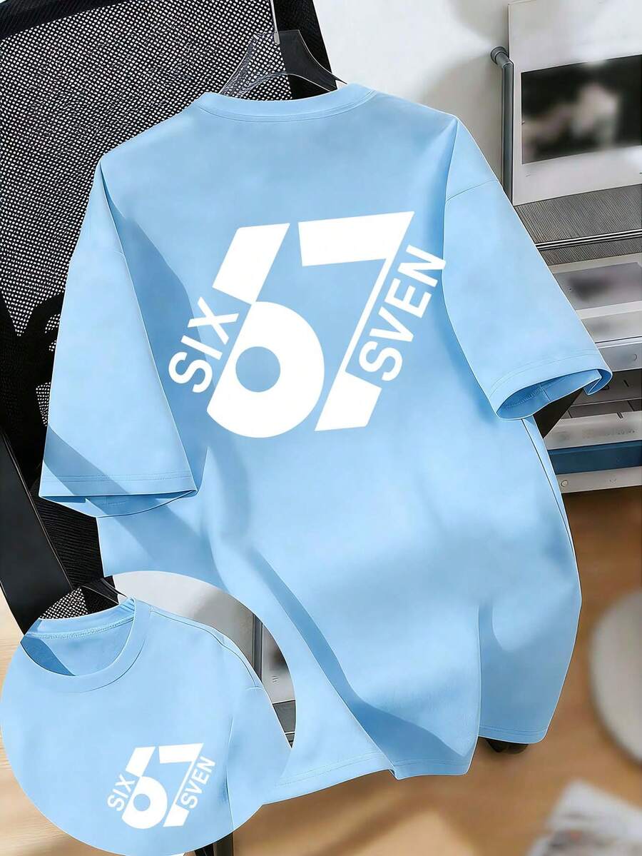 青少年男孩“67”趣味数字表情包图案时尚短袖T恤,适合日常穿着、上学和街头穿着。 - 淺藍色 - 查看 1