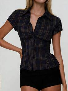 经典格纹荷叶边纽扣短袖复古休闲修身女式衬衫 - 藏蓝色 - 查看 3