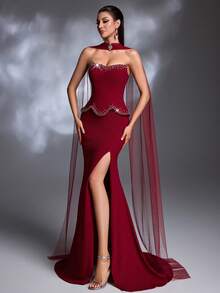 A Wine Red Rhinestone-Embellished One-Shoulder Peplum Tulle Shawl High-Slit Lace-Up Mermaid Train Luxury Evening Gown - Burgundy - View 6