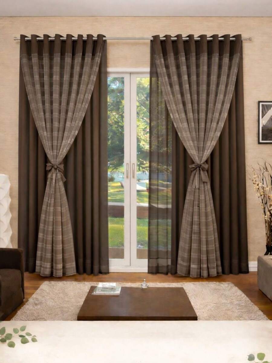 Luxury Plain Microfiber Curtain With Voile - Rust Brown - View 1