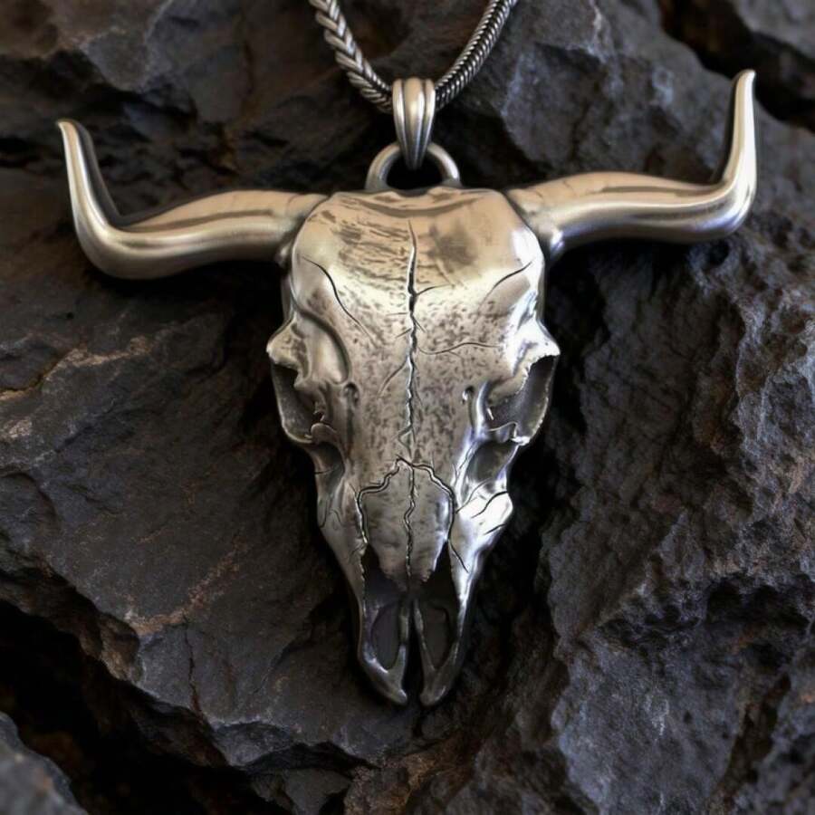 男士牛头骨银色项链 - 西部风格，手工打造不锈钢吊坠，完美契合波西米亚风和复古风珠宝爱好者 - 銀色 - 查看 1