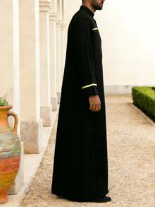 Eid Al-Adha Men's Middle Eastern Robe With Button Closure, Long Sleeve Middle Eastern Thobe, Suitable As Gift For Friends And Family - Black - View 3