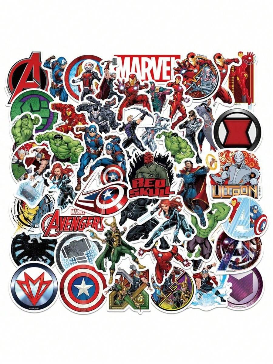 Marvel 50张漫威官方授权复仇者联盟乙烯基贴纸 Q版英雄蜘蛛侠钢铁侠绿巨人防水卡通贴纸，可用于水瓶、笔记本电脑、手机、汽车安全帽、保险杠等，趣味生日情人节节日礼物 - DSN-010 - 查看 1