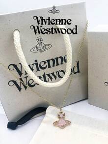 Vivienne Westwood 1PC Violet Rina Collection Pink Mother-Of-Pearl Saturn Necklace Gold, Brass, Rhinestone Embellished - Gold - View 7