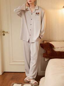 Gongdie Set de 2 piezas Pijamas de pareja Winnie the Pooh Disney 2026 Primavera, Conjunto de ropa de casa suave y transpirable de manga larga para hombre - Albaricoque - Ver 1