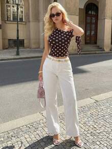 女士时尚棕色波点单肩上衣，侧系带无袖衬衫，复古修身款，2026春夏新款 - 棕色 - 查看 5