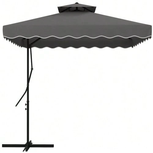 243x243cm Balcony Parasol, UV Protection, Cantilever Parasol With Double Canopy And Cross Base, Valances, 4 Ribs, Dark Grey - A - View 1