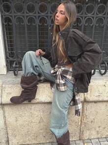 Women's Suede Jacket, Winter Coat, Long Sleeve Top, Button-Up Jacket, Zip-Up Bomber Jacket, Streetwear Top - Dark Grey - View 3