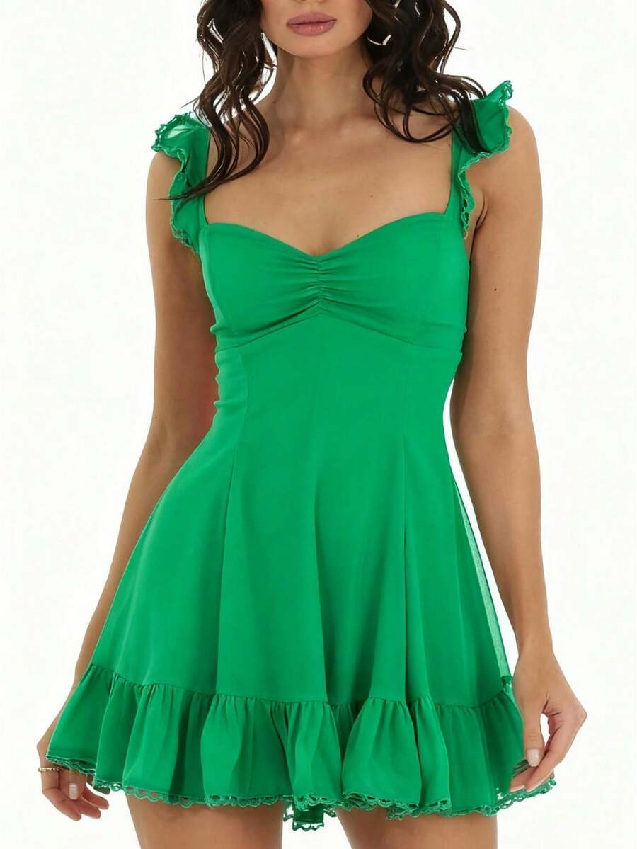 Ruffled Strap Mini Dress For Women Sweetheart Neck Ruched Bust A-Line Ruffle Hem Lace Trim Casual Summer Party Dress - 綠色 - 查看 1