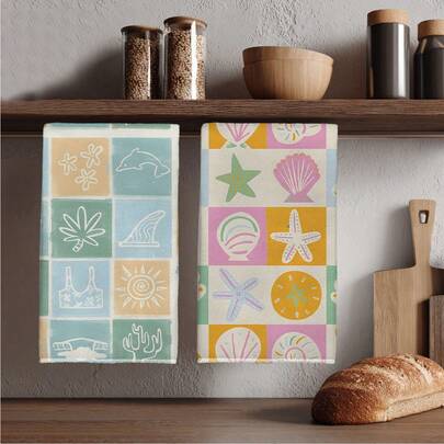 2pcs Colorful Beach-Themed Printed Microfiber Kitchen Towels, 40x60cm Absorbent Dish Cloths, Suitable For Kitchen, Bathroom, Housewarming Gifts, Great Value