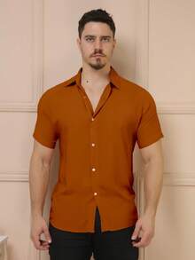YLF MODAS Men's Short-Sleeved Button-Down Dress Shirt - Plain - Brown - View 2