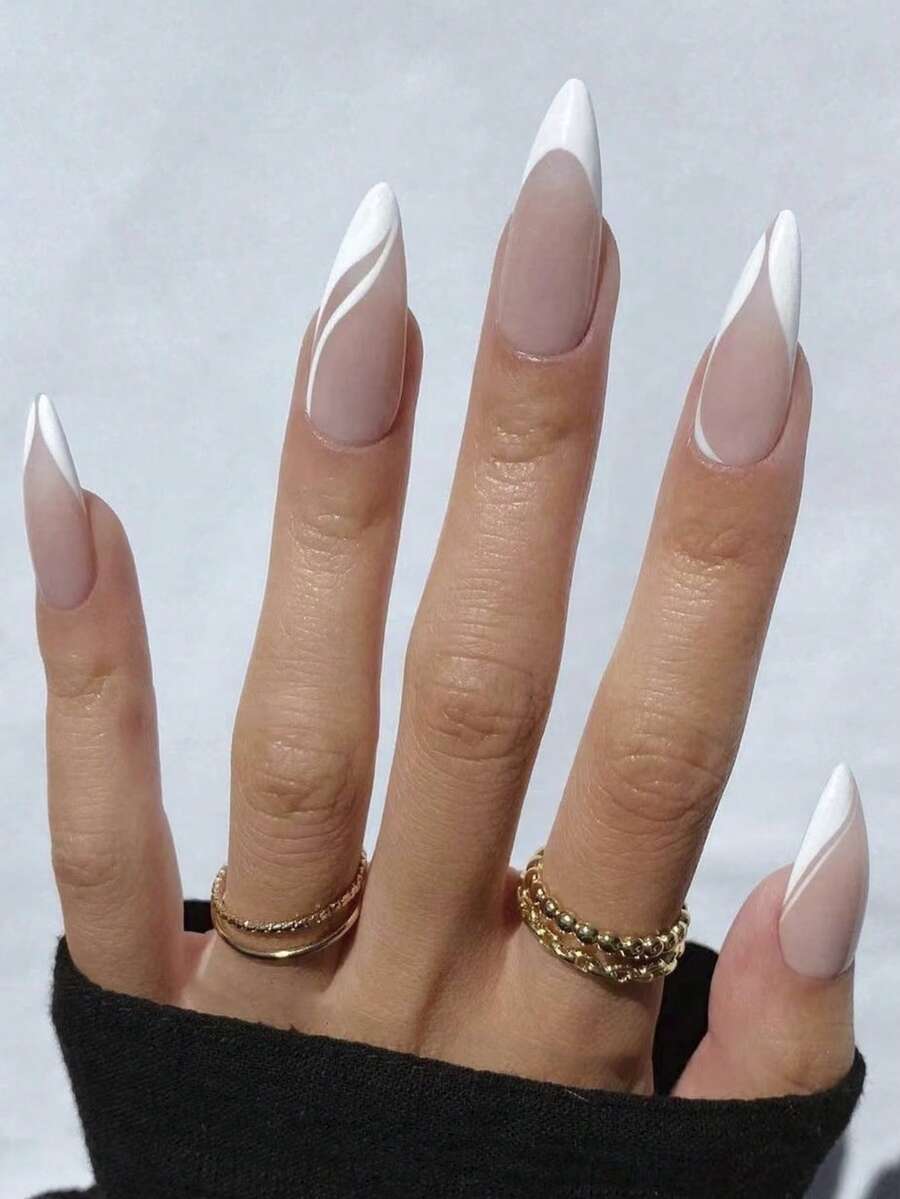 24pcs/Set Almond Shaped Press-On Nails, White Slanted Lines, French French Tip False Nails. Fashion Nail Art Accessories, Adding A Romantic Touch For A Sweet Look, Suitable For Ladies And Girls For Party, Date, And Daily Wear - Multicolor - View 1