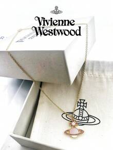 Vivienne Westwood 1PC Violet Rina Collection Pink Mother-Of-Pearl Saturn Necklace Gold, Brass, Rhinestone Embellished - Gold - View 5