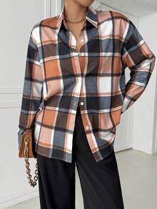 女士格子图案翻领纽扣长袖休闲通勤衬衫 - 彩色 - 查看 2