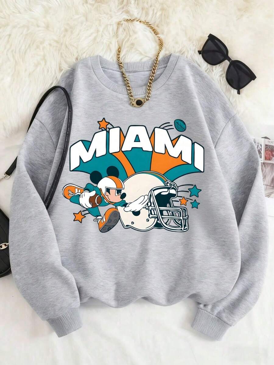 Disney Officially Licensed Unisex Kids' Sweatshirt, 100% Polyester, Ultra Comfortable & Super Soft Heather Grey Casual Cartoon MIAMI Football Mickey Mouse Graphic Print, Ages 1-14, Relaxed Fit, Stylish, High Appearance Value, High Rate Of Second Looks, Daily Versatile, Commute Essential, Disney Limited Edition Design, New Arrival, Express Delivery - Xám - Xem 1