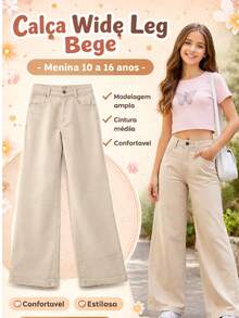Girls' Wide Leg Jeans, Loose Fit, High Waist, Beige/Black - 米色 - 查看 1