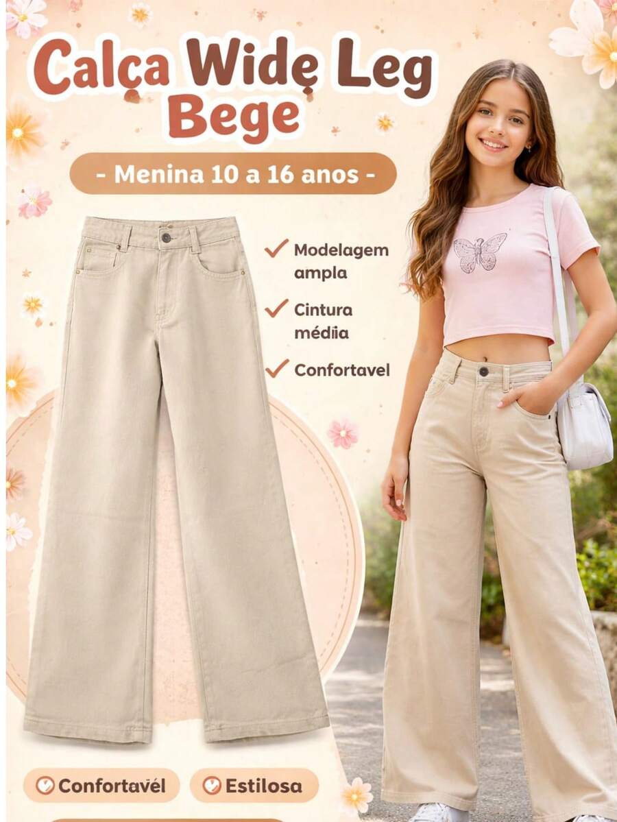 Girls' Wide Leg Jeans, Loose Fit, High Waist, Beige/Black - 米色 - 查看 1