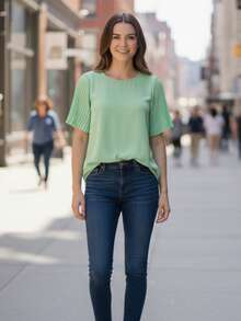 Blusa  manga corta cuello redondo dama mujer ligero suave recto amplio cómodo fresco calor día noche vacaciones playa jardín diario cumpleaños - Verde Lima - Ver 1