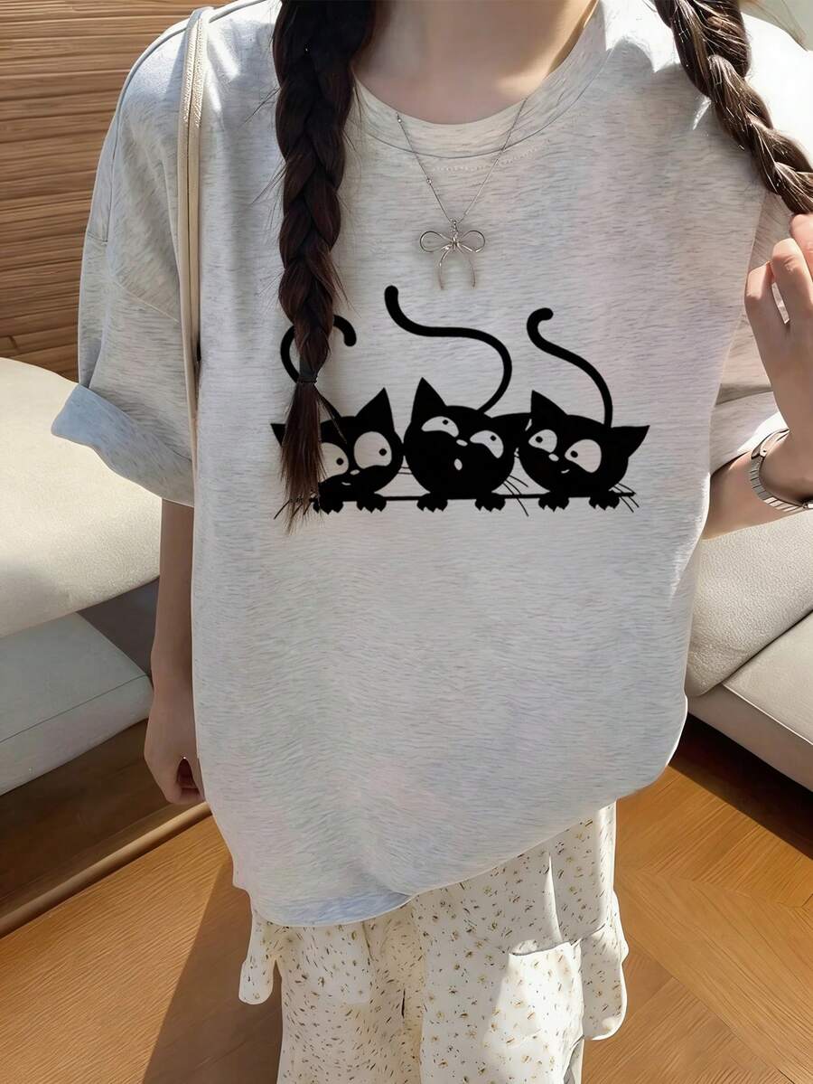 日系女式夏季宽松圆领休闲百搭字母卡通猫印花短袖T恤 - 淺花灰 - 查看 1