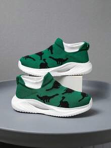 1 Pair Kids Sneakers, Knitted Cartoon Pattern Socks Shoes, Easy To Wear, Lightweight Breathable Running Shoes, Fashionable Mesh Design For Students - Green - View 2